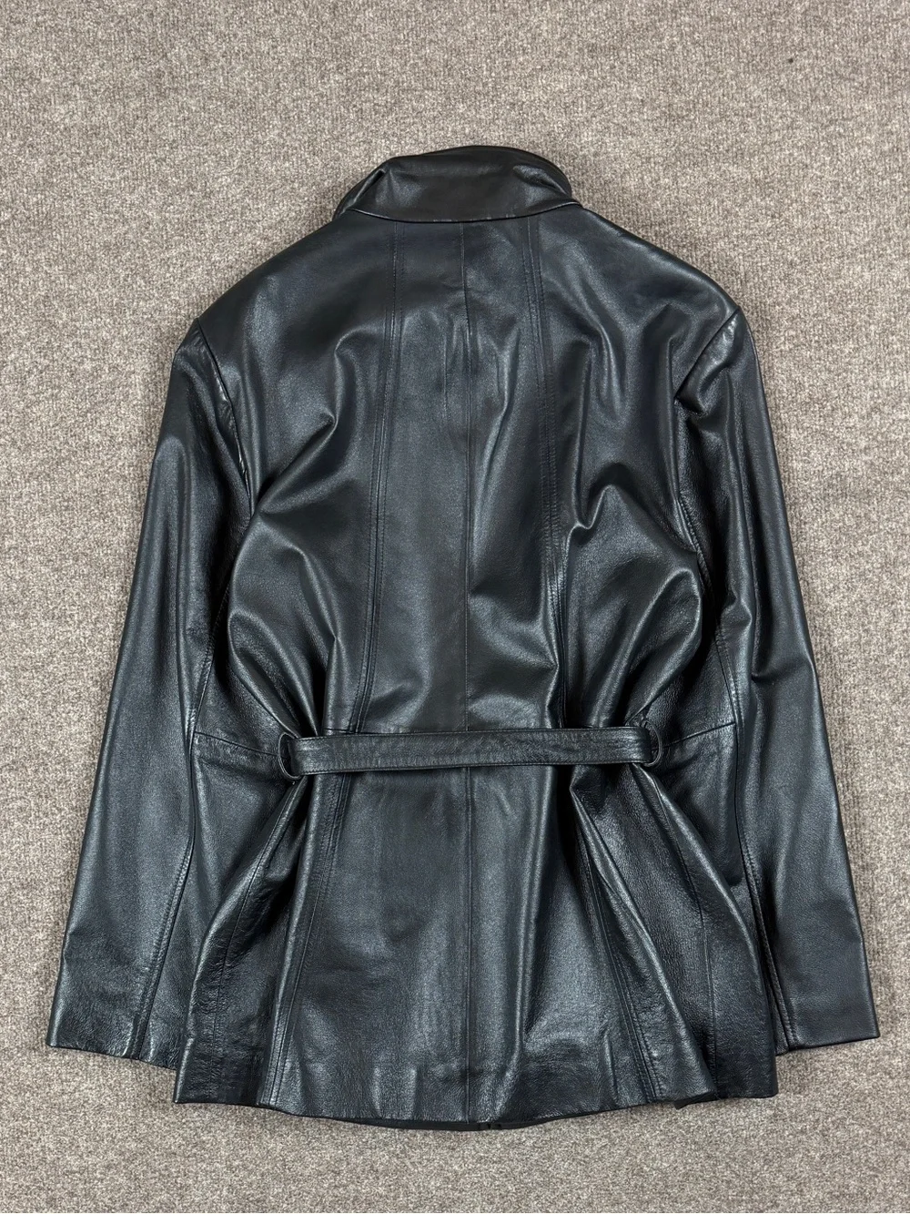 Vintage Black Genuine Leather Full Zip Belted Funnel Neck Jacket Women’s‎ Large